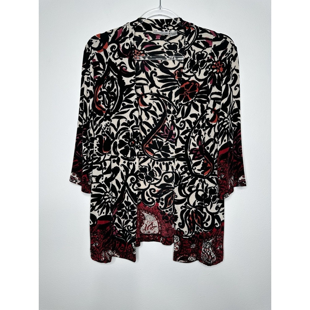 Chicos Travelers Slinky Open Cardigan Size S Black Multi Floral Boho Artsy